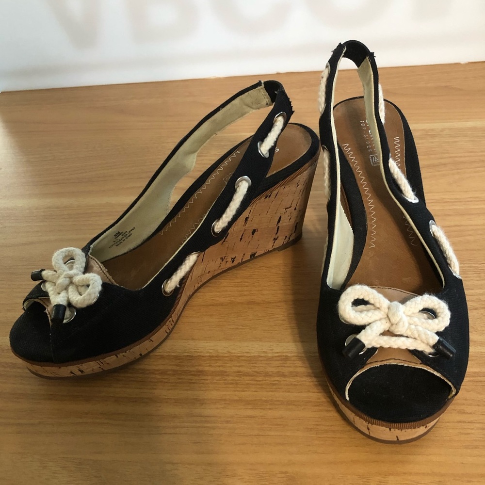 Sperry Black Top-Sider Southport Cork Slingback Sandal Wedges